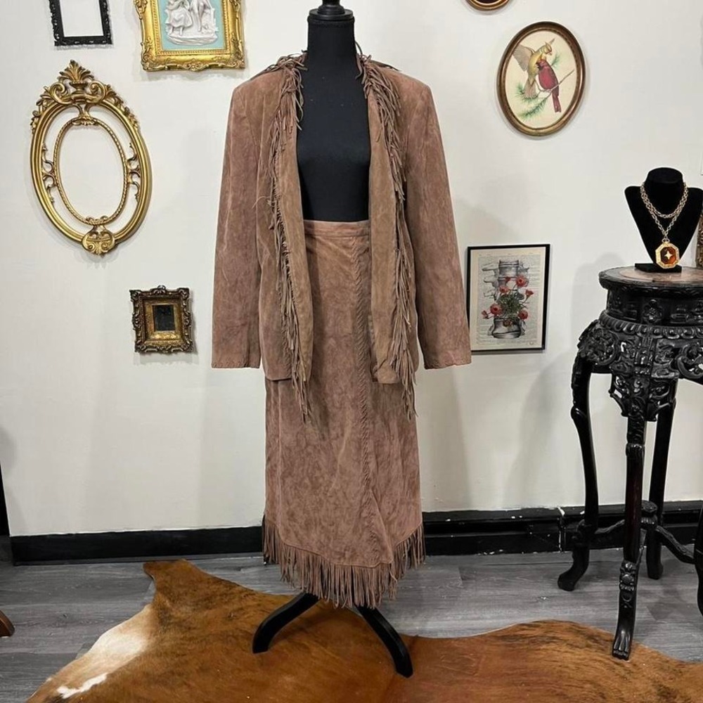 Vintage Selene Sport Faux Suede Fringe Jacket & Skirt Set